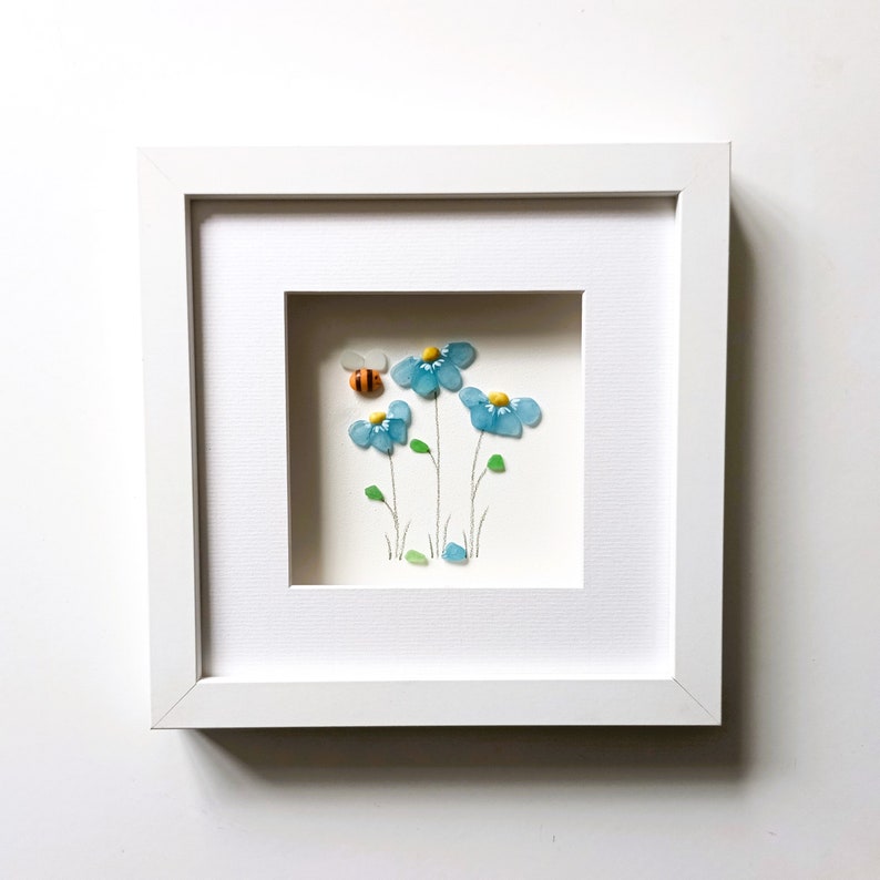 Sea Glass Art, Forget Me Nots, Sea Glass Flowers, Blue Flowers, Retirement Gift, for Her, Floral Home Decor, Unique Gift Anniversary Gift image 2