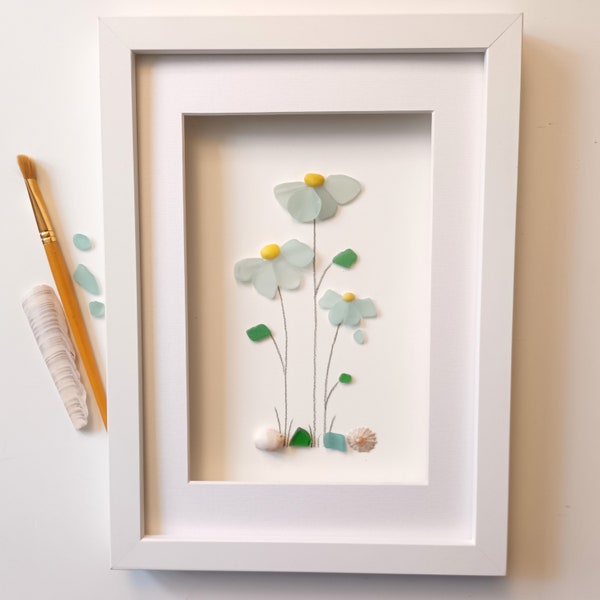 Sea Glass Flowers, Wall Art, Unusual Gift Idea, for Her, Blue Flowers, Anniversary Gift Idea