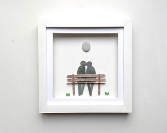 Pebble Art Couple on a Bench, Unusual Valentines, Anniversary Gift, For Couples