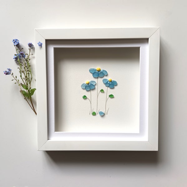 Forget Me Not Flowers, Mother's Day Gift, Sea Glass Art,  Blue  Wall Decor, Gifts for Her, Anniversary Gift Idea, remembrance
