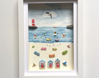 Coastal Wall Decor, Beach Huts, Beachcombed Art, Made in Cornwall, Seaside Beach Scene