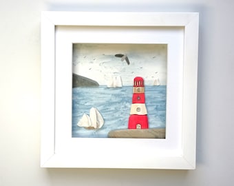 Coastal Wall Art, Beachcombed Art, Lighthouse and Sailing Boats, Made in Cornwall