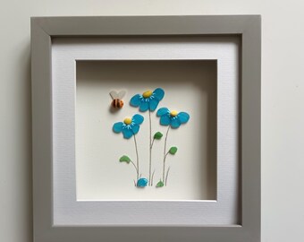 Sea Glass Art, Forget Me Nots, Sea Glass Flowers, Blue Flowers, Retirement Gift, for Her, Floral Home Decor, Unique Gift Anniversary Gift