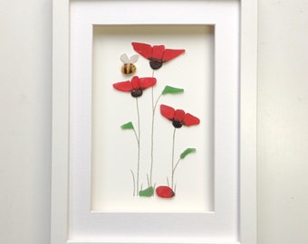 Sea Glass Poppies, Sea Glass Art, Red Poppy, Framed Picture, Wild Flowers, Floral Wall Art, Gifts for Her