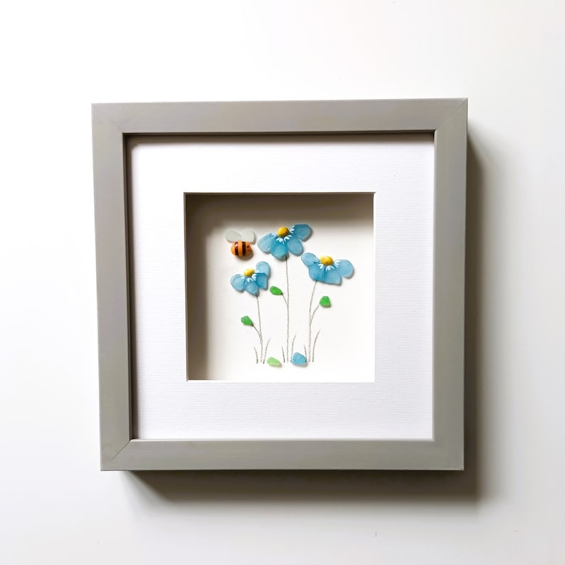 Sea Glass Art, Forget Me Nots, Sea Glass Flowers, Blue Flowers, Retirement Gift, for Her, Floral Home Decor, Unique Gift Anniversary Gift image 6