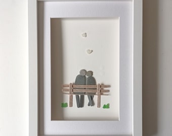 Pebble Art Couple on a Bench, Customisable Anniversary Gift, Retirement Present, Unusual Engagement Gift