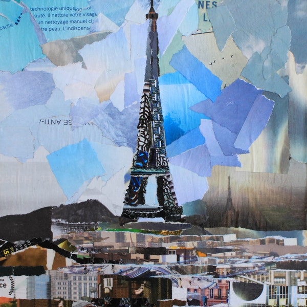Oeuvre collage original représentant Paris, art contemporain, Tour Eiffel, tableau coloré, pop art