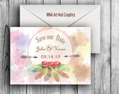 Boho watercolor SAVE THE DATE Template - Bohemian watercolor feather and roses themed Save the Date - Printable