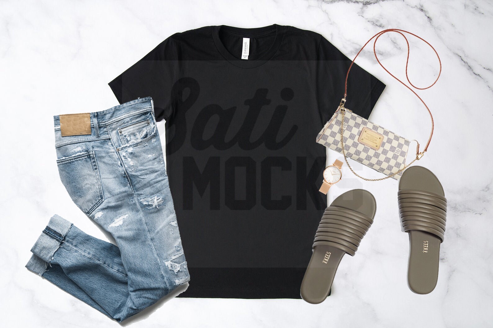 Download Bella canvas 3001 mockup black t-shirt mock summer outfit ...