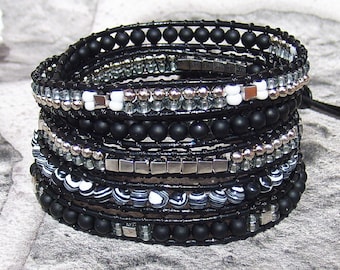 Onyx Leather Wrap Bracelet Black and Silver Leather Bracelet Black Leather Bracelets for Women Leather Jewelry Boho Wrap Bracelet