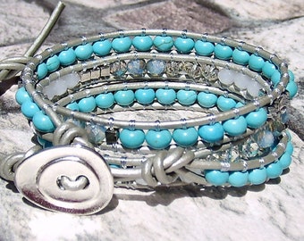 Turquoise Leather Wrap Bracelet for Women, Bohemian Jewelry, Beaded Wrap Bracelet, Boho Wrap Bracelet, Turquoise Jewelry, Silver Wrap, Giftt