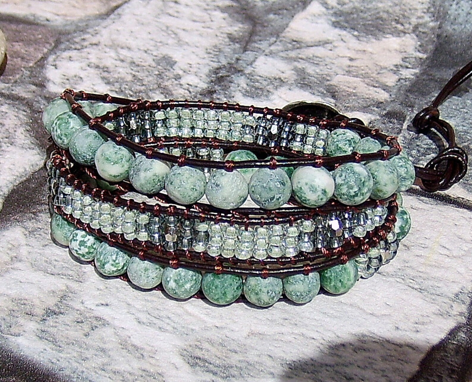 Leather Wrap Bracelet Green Beaded Bracelet Bohemian Jewelry Etsy