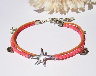 Pink Coral Leather Anklet Leather Jewelry Ankle Bracelet Adjustable Anklets for Women Anklet Beach Jewelry Foot jewelry Body Jewelry Anklet