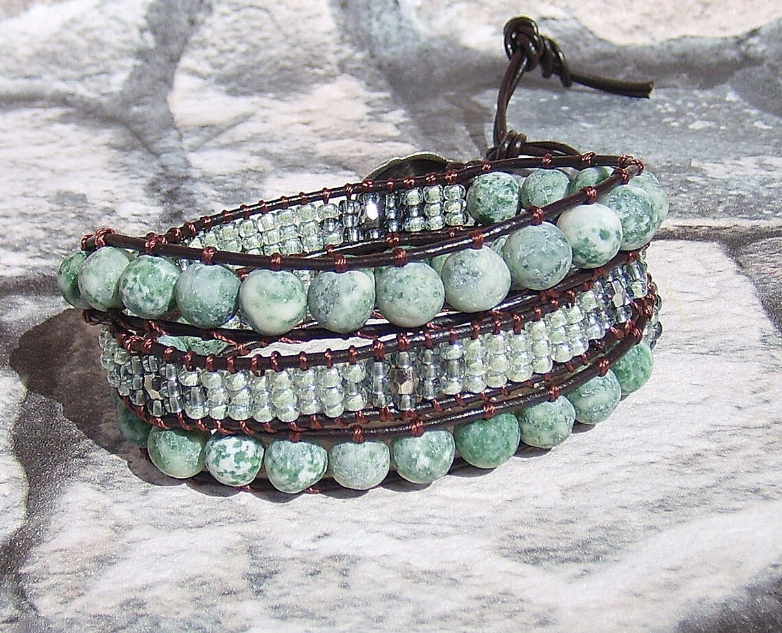 Leather Wrap Bracelet Green Beaded Bracelet Bohemian Jewelry Etsy