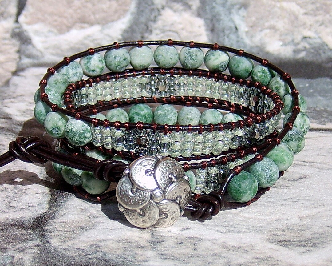 Leather Wrap Bracelet Green Beaded Bracelet Bohemian Jewelry Etsy