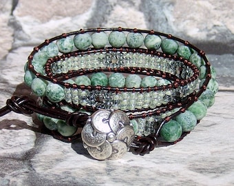 Leather Wrap Bracelet Green Beaded Bracelet Bohemian Jewelry Seafoam Green Wrap Bracelet for Women Mint Brown Leather Wrap Boho Bracelet