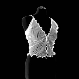Fishnet Vest See Through White V-Neck Crop Cami Top Women Exihibitionist Mesh Clothes