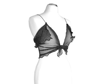 Tie Bra Top Black See Thru Fishnet Mesh Exhibitionist Festival Outfit