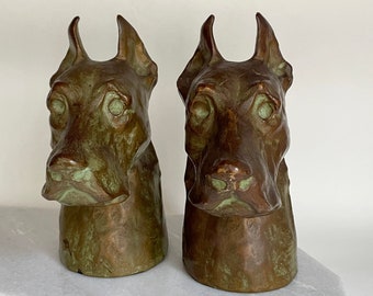 McClelland Barclay Great Dane Bronze Bookends | Art Deco Pair Early 20th Century Sculpted Verdigris Patina Realistic Dog Head Solid Bookends