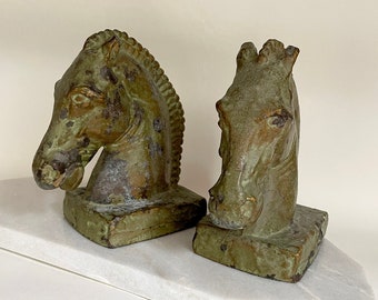 McClelland Barclay Horse Heads Bronze Bookends | Art Deco Equestrian Bookends Pair Sculpted Verdigris Patina Realistic Solid Head Bookends