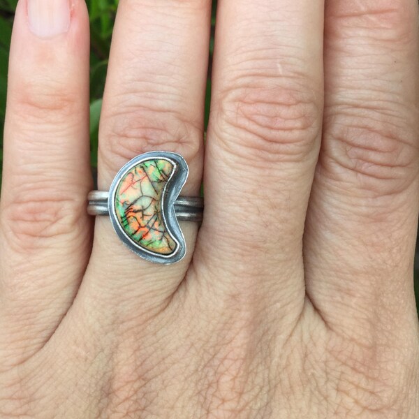 Sterling Silver Monet Opal - Size 7.5 - Crescent Moon Ring