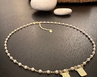 Handcrafted Necklace scapulary - goldfilled pearl spindle - protection jewelry- catholic jewelry