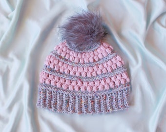 Gray Jelly Beanie - Pompom Pastel Hat | Crochet Winter Hat