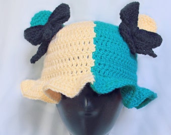 Bi-Color Hat - Crochet Bucket Hat | Pale Yellow & Teal Ear Kawaii Hat