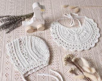 White Bib & Bonnet Set - Cotton/Rayon