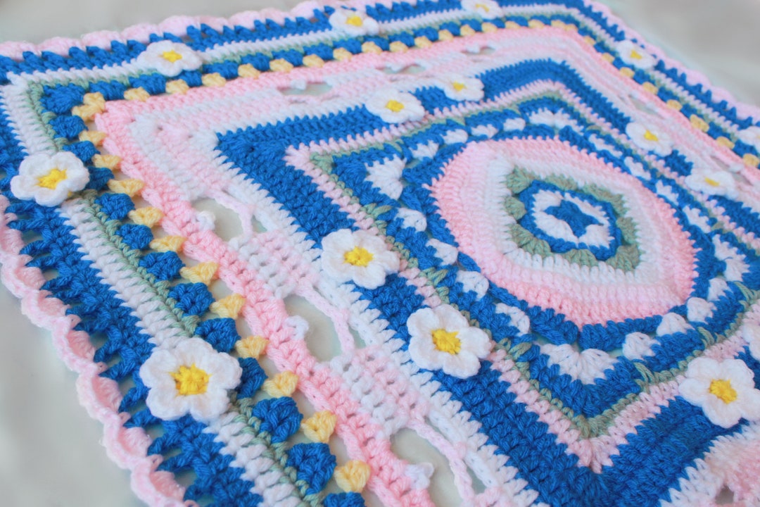 Blue Baby Garden Floral Crochet Baby Blanket Valentines Day Lovey