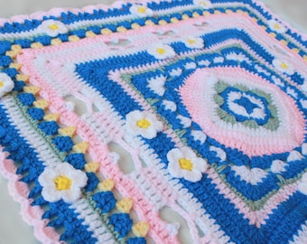 Blue Baby Garden - Floral Crochet Baby Blanket | Valentines Day Lovey | Newborn Gifts | Baby Shower Afghan