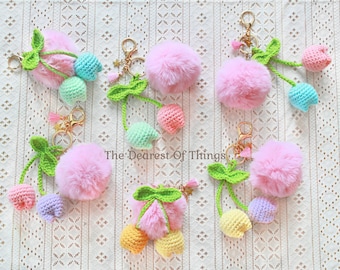 Crochet Tulip Pom Pom Keychain | Pink Floral Bag Charm, Star Accent