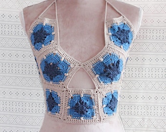 Sun Burst Halter Top | Summer Crochet Bikini | Blue & Beige