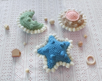Crochet Space PDF Pattern | Modern Baby Rattles - Newborn Space Toys; sun, moon & Stars