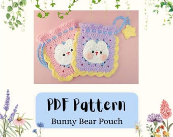 May include: Two rectangular crochet pouches with drawstring closures, one pink and one lavender, each featuring a white bunny face appliqué with pink cheeks, black eyes, and a red nose, finished with a yellow scalloped border and a yellow star charm.
