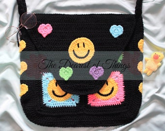 Good Vibes© - PDF Crochet Bag Pattern | 70s Inspired Happy Faces | Boho Hippie Satchel | Cross Body Bag