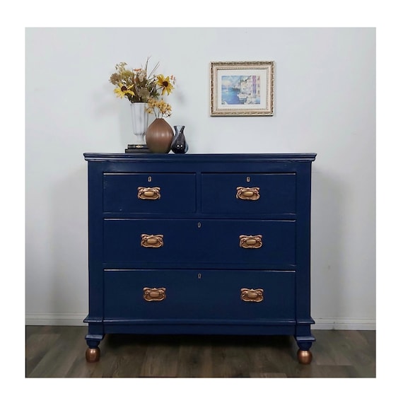 SOLD Commission Available Chest of Drawers Blue With Copper