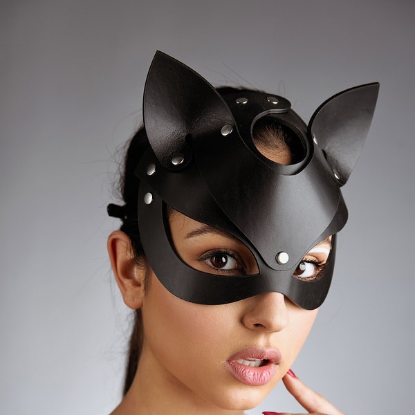 Leather Cat Mask for Women, Erotic Mask, Bdsm Mask, Catwoman Cosplay, Sexy Mask, Fetish Kitten Mask, Masquerade Mask, Roleplay Mask, Kinky