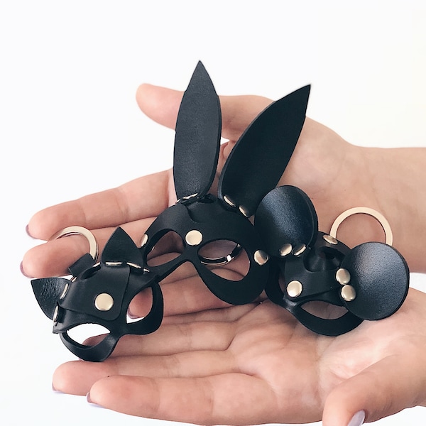 Porte-clés en cuir, mini masque en cuir, masque de chat, masque de Mickey, porte-clés en cuir, porte-clés en cuir, accessoires en cuir, masque de lapin, porte-clés