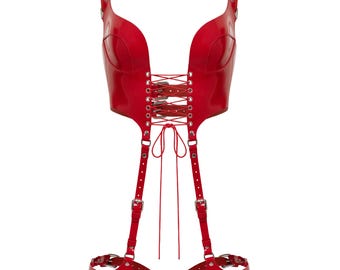 Full Body Leather Bondage: Red Corset Style Harnees, Kinky Outfit, 21st Woman's Birthday Gift