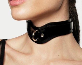 Black Leather Choker Necklace with O-Ring, Adjustable Collar, Punk Rock Style