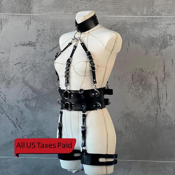 Body Harness with Handcuffs, Bdsm Gear for Women  Waist Harness Belt, Submissive Restraints, Leather Harness Kit, Harness Set, Mature