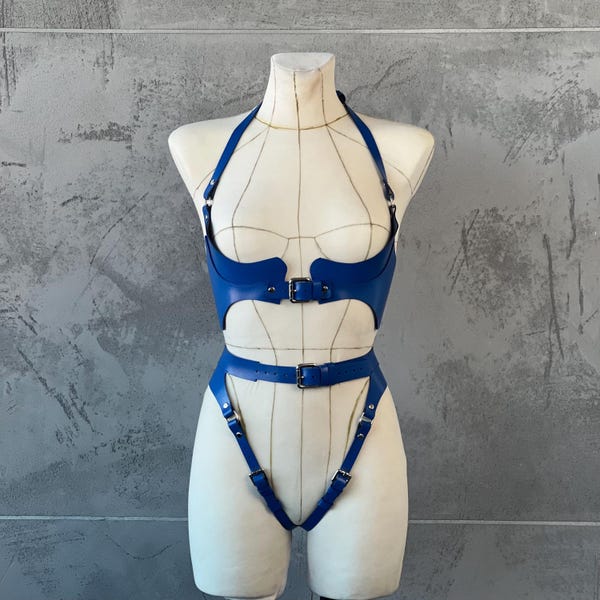 Arnés de bondage azul, ropa de cuerpo entero, atuendo fetichista, ropa BDSM sexy, regalo para adultos, sujetador de cuero erótico, lencería BDSM