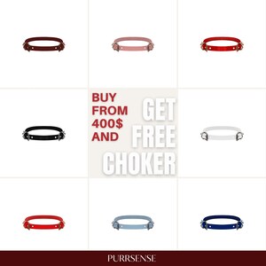 May include: Nine chokers in various colors, including red, black, and pink, are displayed against a white background. The chokers have silver-colored hardware. Text in the center reads "BUY FROM 400$ AND GET FREE CHOKER."