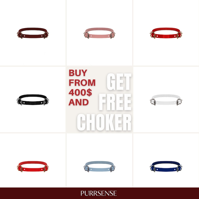 May include: Nine chokers in various colors, including red, black, and pink, are displayed against a white background. The chokers have silver-colored hardware. Text in the center reads "BUY FROM 400$ AND GET FREE CHOKER."