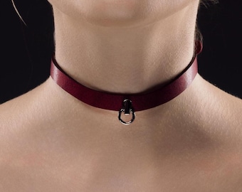 Engraved Leather Collar: Red Choker with Ring, Bondage Neckwear, Kinky Necklace