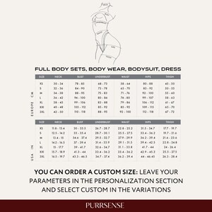 May include: A size chart for full body sets, body wear, bodysuits, and dresses. The chart includes measurements in inches for neck, bust, underbust, waist, hips, and thigh, with sizes ranging from XS to 3XL. Text on the image says "You can order a custom size."