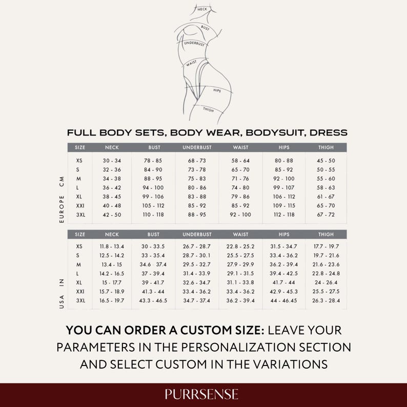 May include: A size chart for full body sets, body wear, bodysuits, and dresses. The chart includes measurements in inches for neck, bust, underbust, waist, hips, and thigh, with sizes ranging from XS to 3XL. Text on the image says "You can order a custom size."