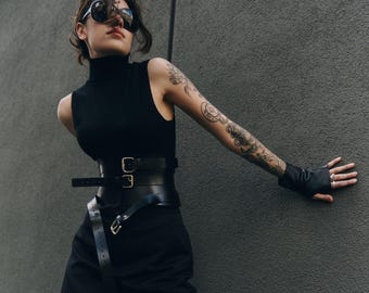 Italian Leather Corset Belt: Black Waist Cincher, Streetwear Fashion