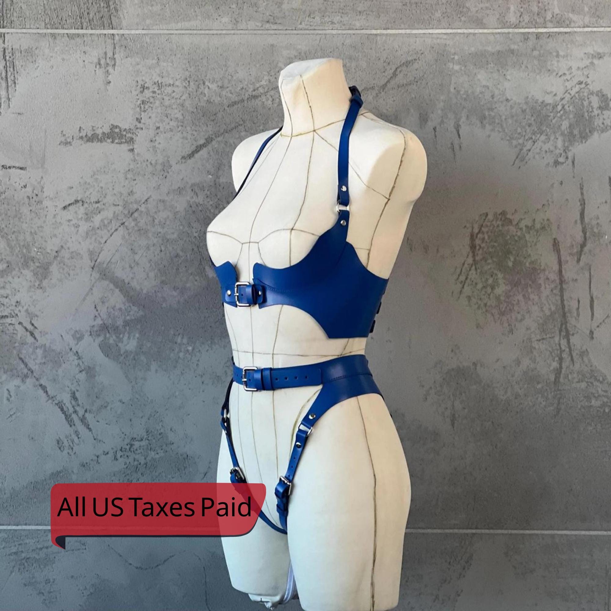 Bondage Harness Leather Full Body Electric Blue Harness BDSM Lingerie Naughty Gift for Wife Rave Woman Outfit Leather Carnival Outfit